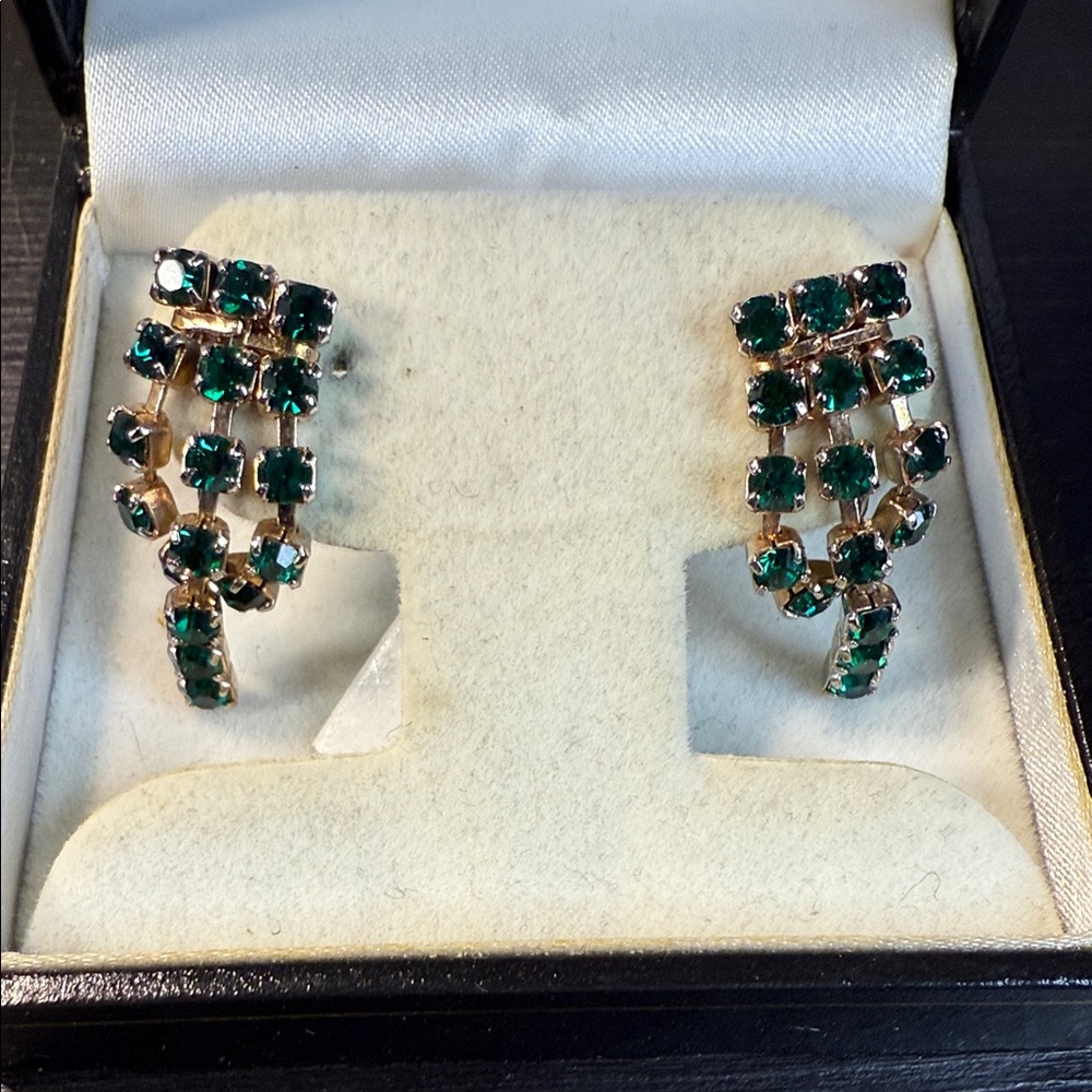 Vintage Emerald and Gold Clip Statement Rhinestone Earrings